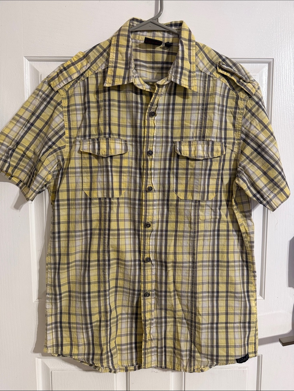 Esprit Yellow and Gray Plaid Short-Sleeve Button-Down Shirt
